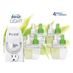 Febreze plug-in warmer and six clear fragrance refill bottles with green caps against a bamboo-themed background