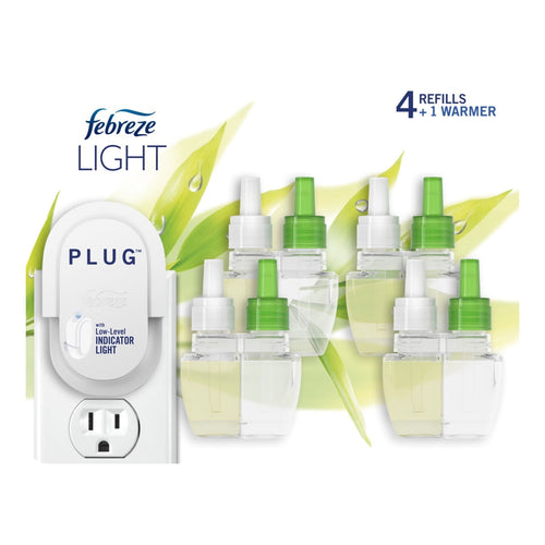 Febreze plug-in warmer and six clear fragrance refill bottles with green caps against a bamboo-themed background