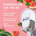 Close-up lifestyle graphic of a Febreze plug device with watermelon slices and benefit text on pink background.