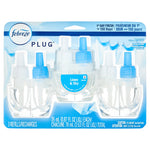 Febreze Plug refill 3-count retail blister pack labeled Linen & Sky with clear refill bottles and blue accents