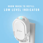 Febreze plug-in device shown in outlet with glowing indicator and text 'Know When to Refill - Low Level Indicator'
