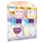 Front of Febreze Plug Luxe refill blister pack labeled Cuddle Weather with two clear oil refills and latte graphic