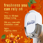 Close-up marketing panel with a Febreze plug-in device and text claims about freshness for 50 days against an orange autumn background with leaves and amber resin visuals.