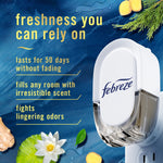 Febreze plug-in device shown with marketing copy about freshness and features on a blue textured ocean background