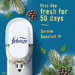 White Febreze plug-in air freshener mounted in outlet on blue background with pinecones and text saying fresh for 50 days
