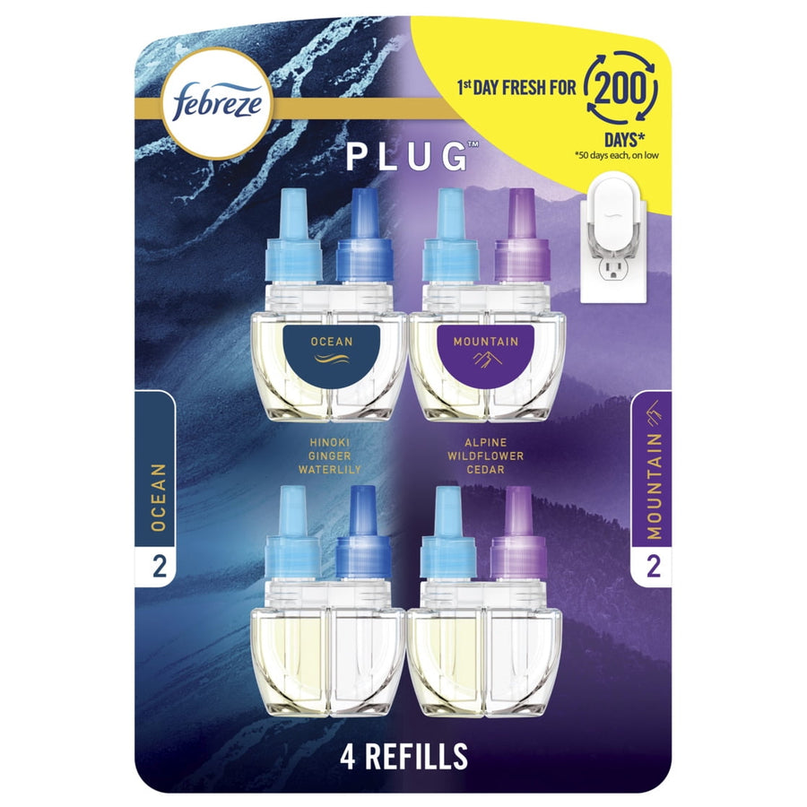 Febreze Plug multi-refill blister pack showing ocean and mountain scent refill bottles