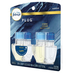 Angled view of Febreze Plug Ocean scented oil refill two-pack packaging showing refill bottles and product labeling