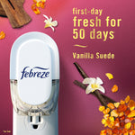 Febreze plug-in device on magenta background with text claiming first-day fresh for 50 days