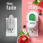Promotional split image comparing a generic empty plug and a Febreze plug on an outlet with berry imagery and product name