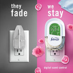 Promotional graphic showing a Febreze plug-in on an outlet with pink roses and text contrasting old vs Febreze digital scent control