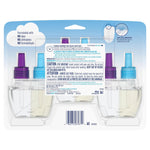 Rear view of blister pack showing three Febreze plug refill bottles, ingredient and caution text, and barcode