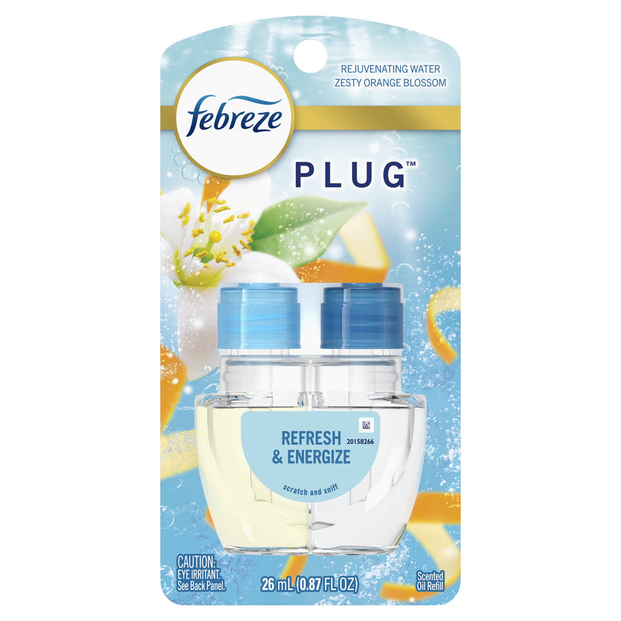 Febreze Plug scented oil refill blister pack showing two clear oil cartridges and 'Refresh & Energize' label