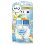 Febreze Plug refill blister pack with twin clear oil cartridges and 'Refresh & Energize' branding on blue decorative backing