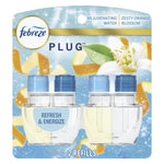 Retail blister pack showing two Febreze Plug refill bottles with blue caps and refreshing water artwork
