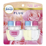 Febreze Plug refill twin pack on pink rose background showing two clear scent bottles with blue and pink caps
