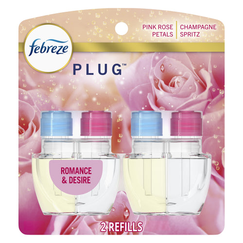 Febreze Plug refill twin pack on pink rose background showing two clear scent bottles with blue and pink caps
