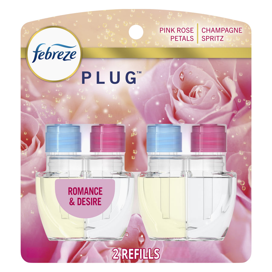 Febreze Plug refill twin pack on pink rose background showing two clear scent bottles with blue and pink caps