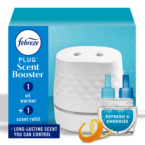 White Febreze Plug Scent Booster device beside a Refresh & Energize refill bottle and orange peel on teal geometric packaging background