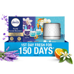 Febreze PLUG Scent Booster starter kit box showing warmer, three refill bottles and bold 150 days freshness claim with citrus and lavender accents.