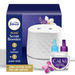 Febreze Plug Scent Booster starter kit packaging showing the white textured diffuser and Calm lavender vanilla refill bottle.