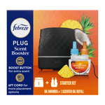 Febreze PLUG Scent Booster starter kit box showing black oil warmer and Hawaiian Aloha refill with pineapple and coconut imagery
