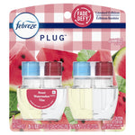 Packaged Febreze Plug refill twin pack with watermelon imagery and clear refill bottles visible.