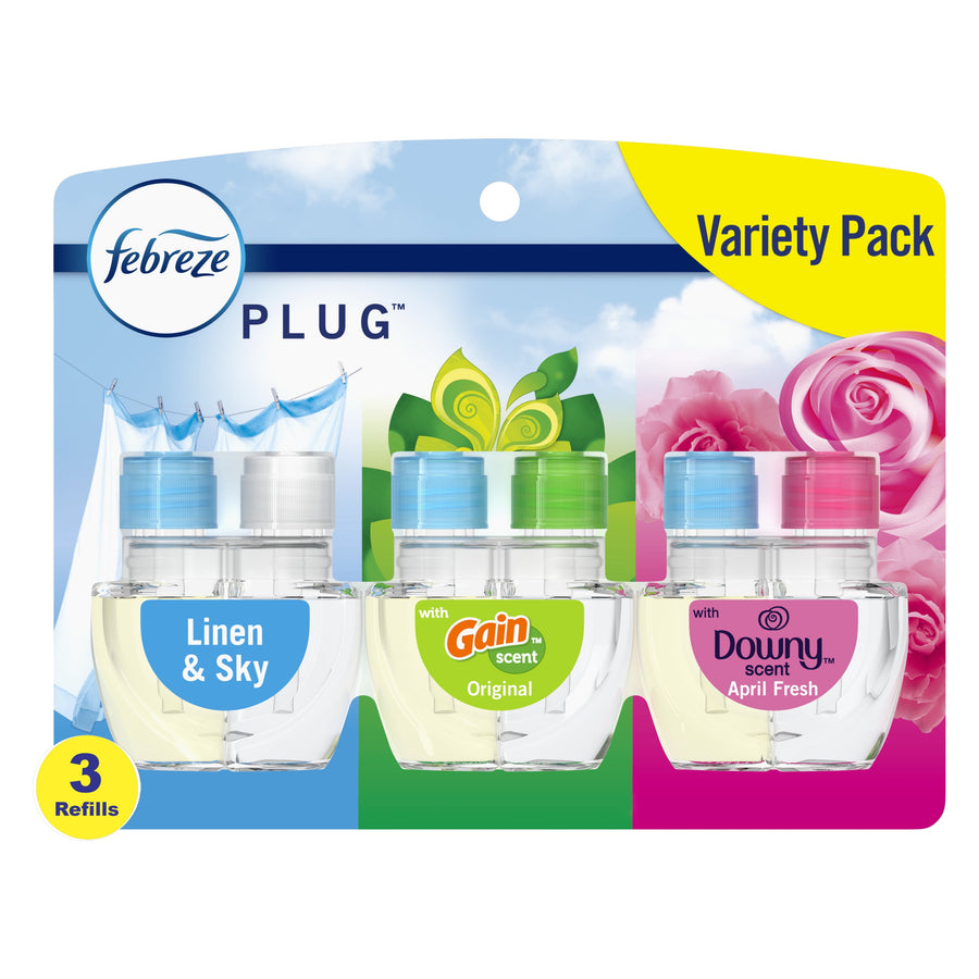 Blister pack of three Febreze Plug scented oil refills showing Linen & Sky, Gain and Downy scent labels on colorful background