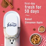 Top-down view of a Febreze plug-in on pink background with text claiming first-day fresh for 50 days and baked cinnamon apple props