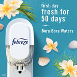 Febreze plug-in device on an outlet with tropical flowers and text claiming first-day fresh for 50 days