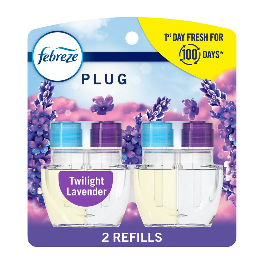 Febreze Plug refill twin pack in Twilight Lavender scent on floral purple packaging