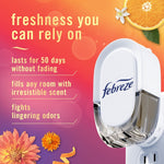 Close-up infographic of a white Febreze plug unit with text listing freshness claims on an orange gradient background