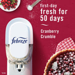 Febreze plug-in device pictured above a cranberry crumble pie with freshness claim text