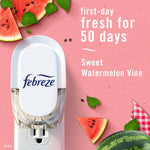 Febreze plug device shown on a pink background with watermelon slices and text stating first-day fresh for 50 days.