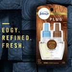 Febreze Plug single-pack blister with wood-themed packaging labeled 'Wood' alongside text 'Edgy. Refined. Fresh.'