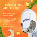 Orange promotional panel showing Febreze plug-in and text listing freshness benefits