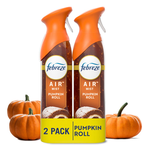 Two Febreze Air Mist Pumpkin Roll spray bottles with pumpkins and a 2-pack label in front