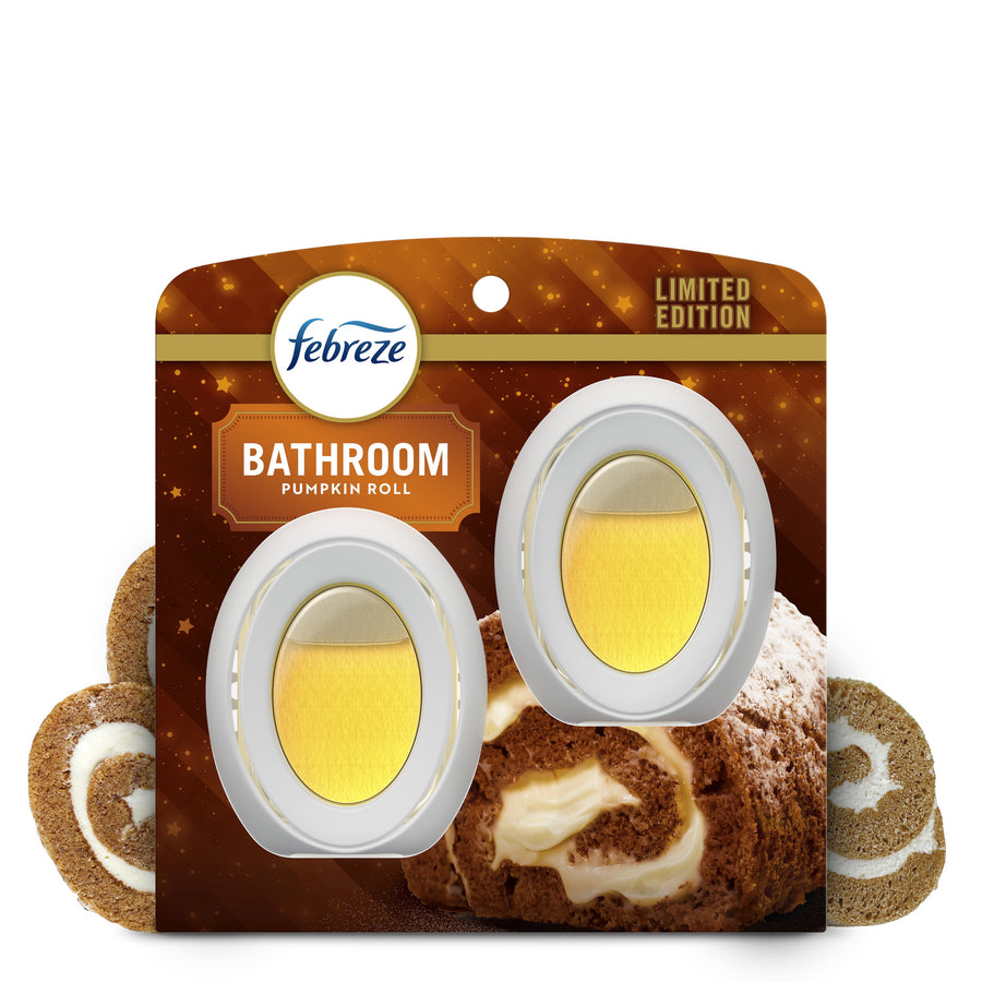 Febreze bathroom pumpkin roll scented air freshener twin-pack blister card with two oval devices and dessert imagery