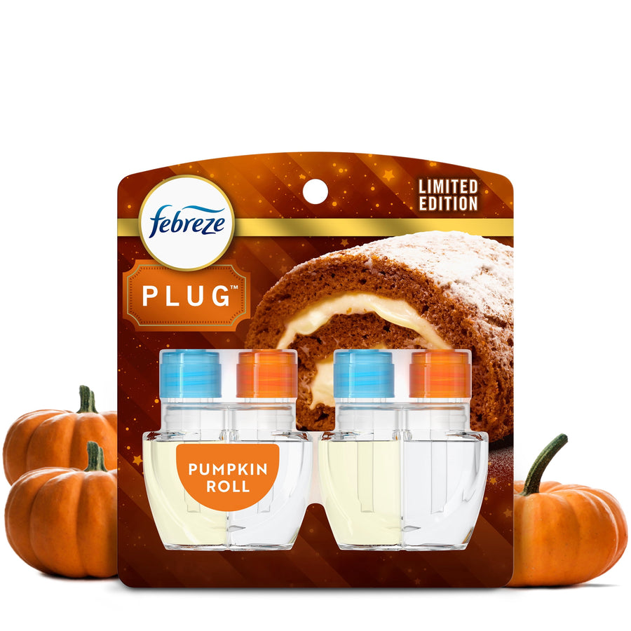 Packaged Febreze Plug scented oil refills in Pumpkin Roll packaging with two refill bottles and pumpkin imagery