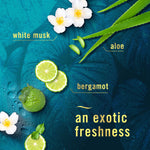 Teal product graphic with bergamot, aloe and white flower visuals and text 'an exotic freshness' highlighting scent notes.