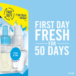 Close-up of Febreze refill bottles visible in packaging with text 'FIRST DAY FRESH FOR 50 DAYS'