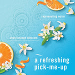 Graphic of orange blossom and citrus slices over water with text describing a refreshing zesty orange blossom scent.
