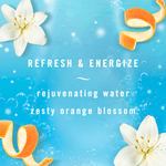 Graphic background with orange peels, white flowers and text reading refresh & energize zesty orange blossom