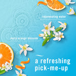 Decorative product background showing orange slices and white blossoms with text describing the rejuvenating scent