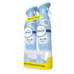 Rendered pack of two Febreze Air Mist Linen & Sky bottles with value pack label on a white isolated background.