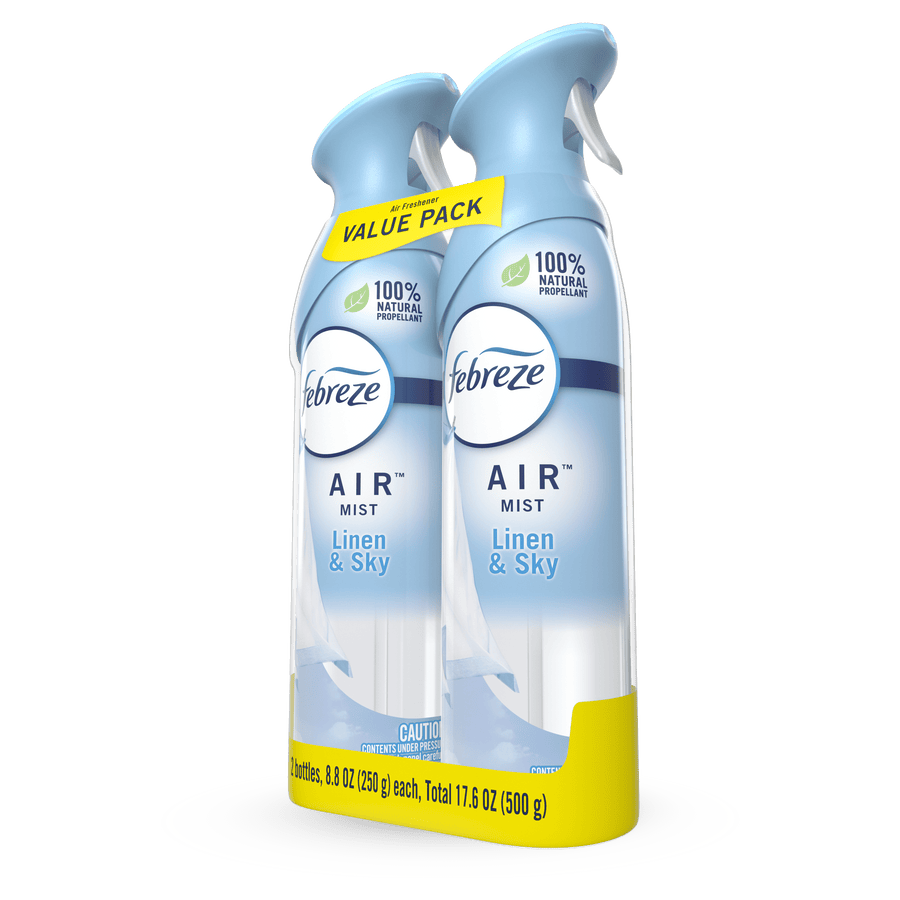 Rendered pack of two Febreze Air Mist Linen & Sky bottles with value pack label on a white isolated background.