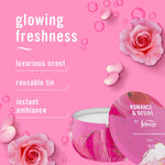 Marketing graphic with Febreze Romance & Desire candle tin, rose petals and text highlighting ‘glowing freshness’ and features