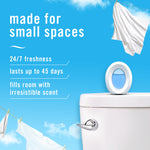 Bright blue promotional scene with a Febreze Small Spaces device perched on a toilet tank and text about freshness for small spaces
