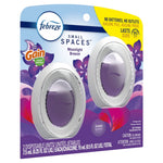 Retail front pack labeled Febreze Small Spaces Moonlight Breeze showing two oval purple refill devices and branding
