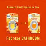 Brand graphic announcing Febreze Small Spaces is now Febreze Bathroom, showing before-and-after packaging for the same oval device