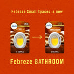 Packaging comparison graphic showing Febreze small spaces packaging changing to Febreze bathroom pumpkin roll packaging with arrow and renaming text